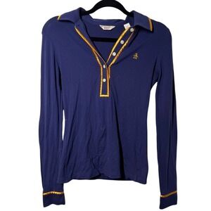 Original Penguin Navy Long Sleeve Polo w/ Gold Satin Trim - Fits Like XS Vintage